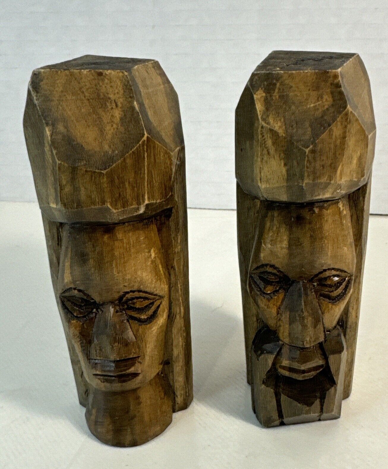 Pair Of Hand Carved Wood Mask Tiki Tribal Trinkets 4.5” Tall Wooden Very Good
