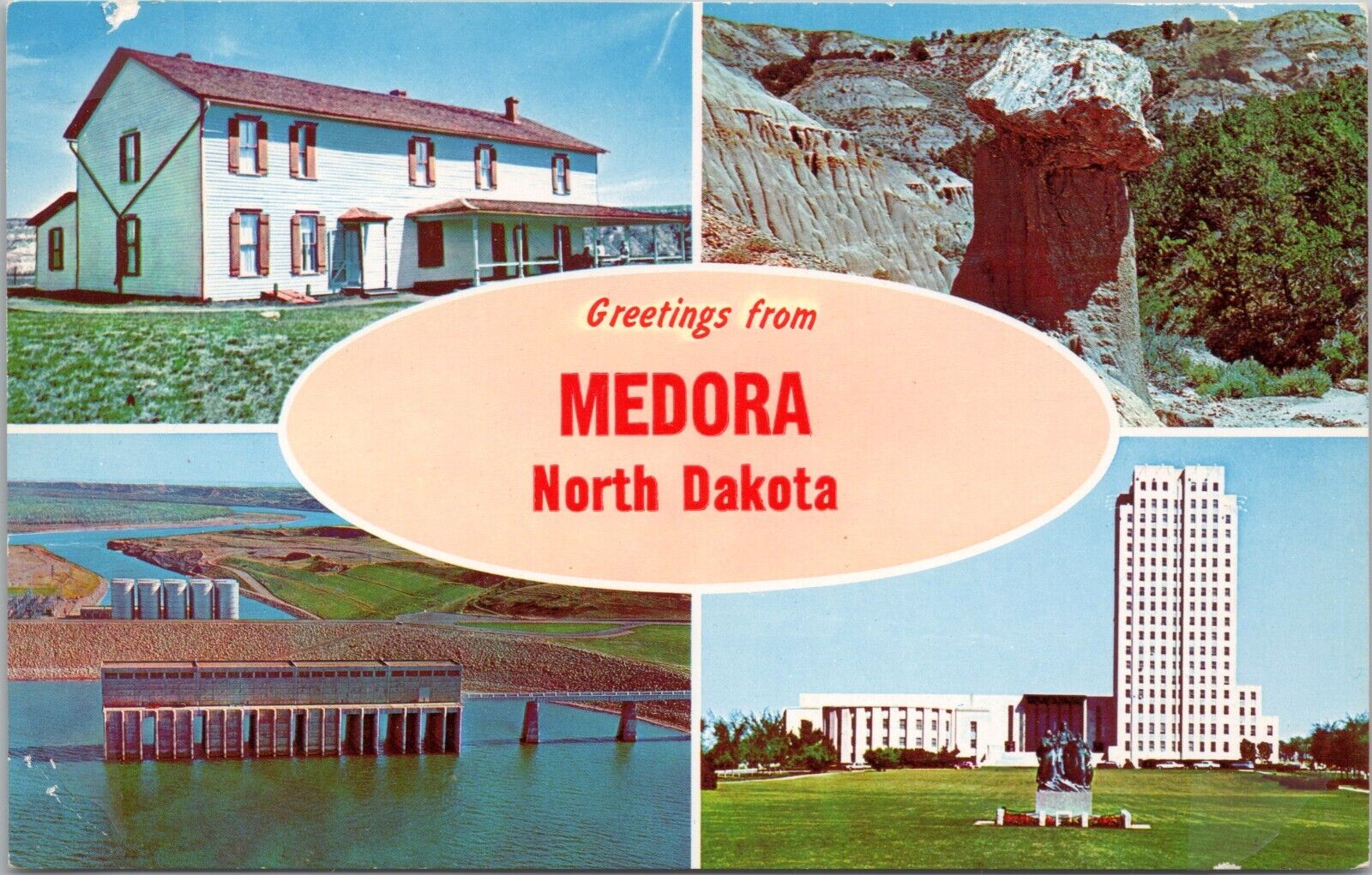 Greetings from Medora North Dakota- c1950s Chrome Multiview Postcard