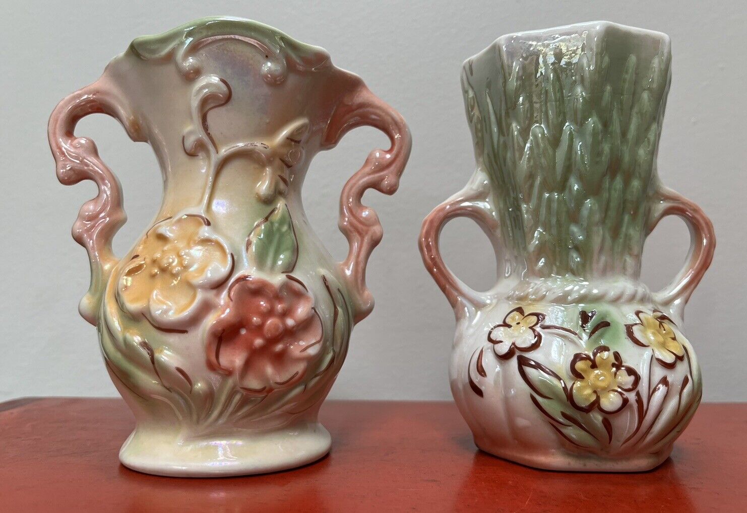 TWO Vintage Lusterware Vase Double Handles Iridescent Floral Brazil #423 #431