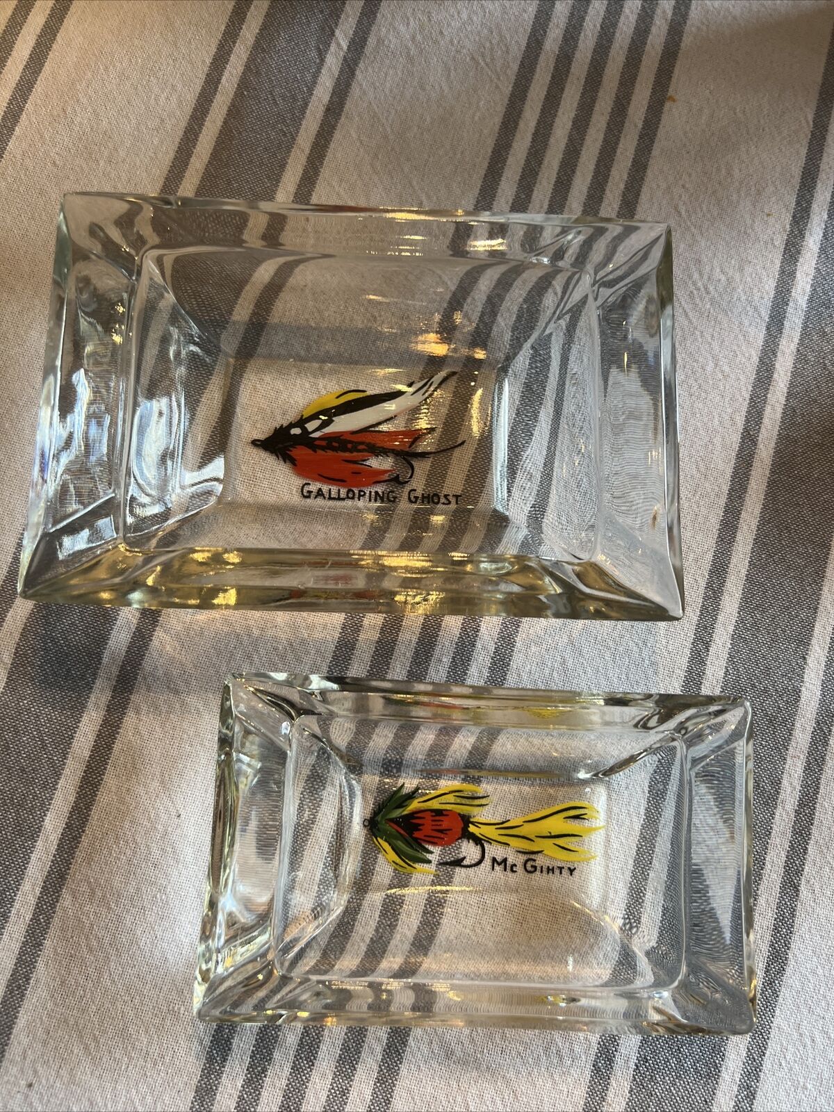 Ashtrays Set Of 2 Hand Painted Fly Fishing Crystal McGihty Galloping Ghost