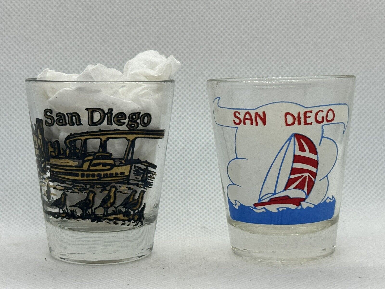 Pair Of Vintage San Diego California Shot Glass Surfing Sailing 2 oz Black Gold