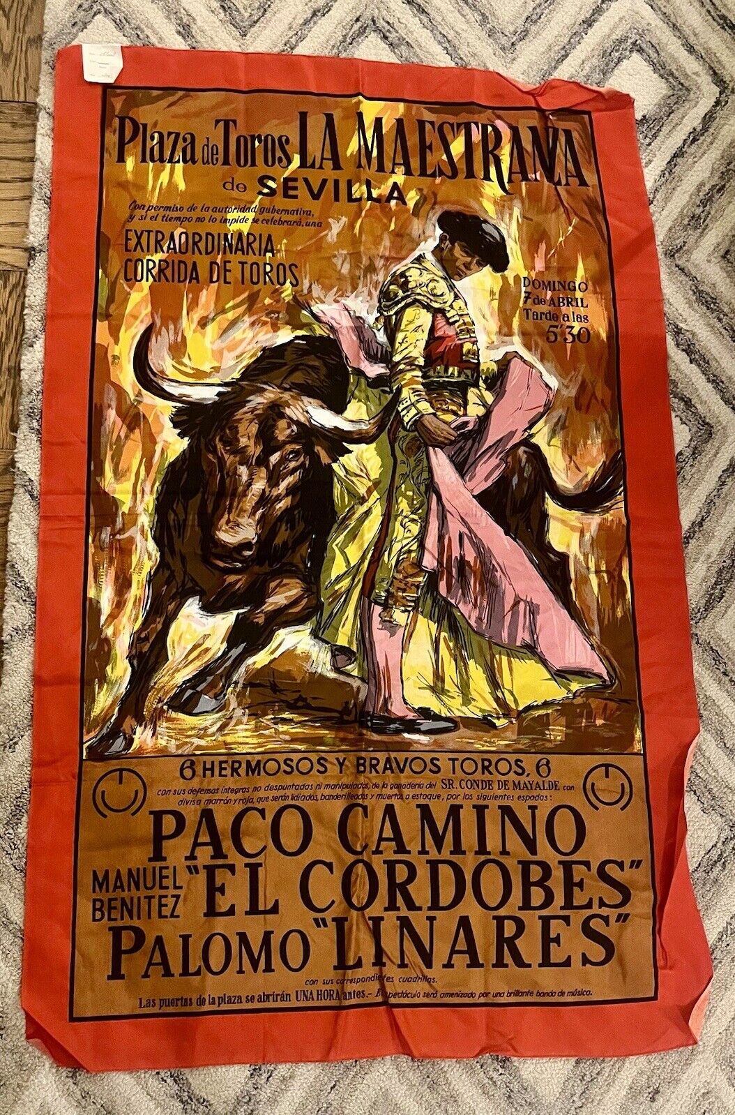 Vintage 60s/70s Plaza de Toros Seville Bullfighting Silk Promo Banner