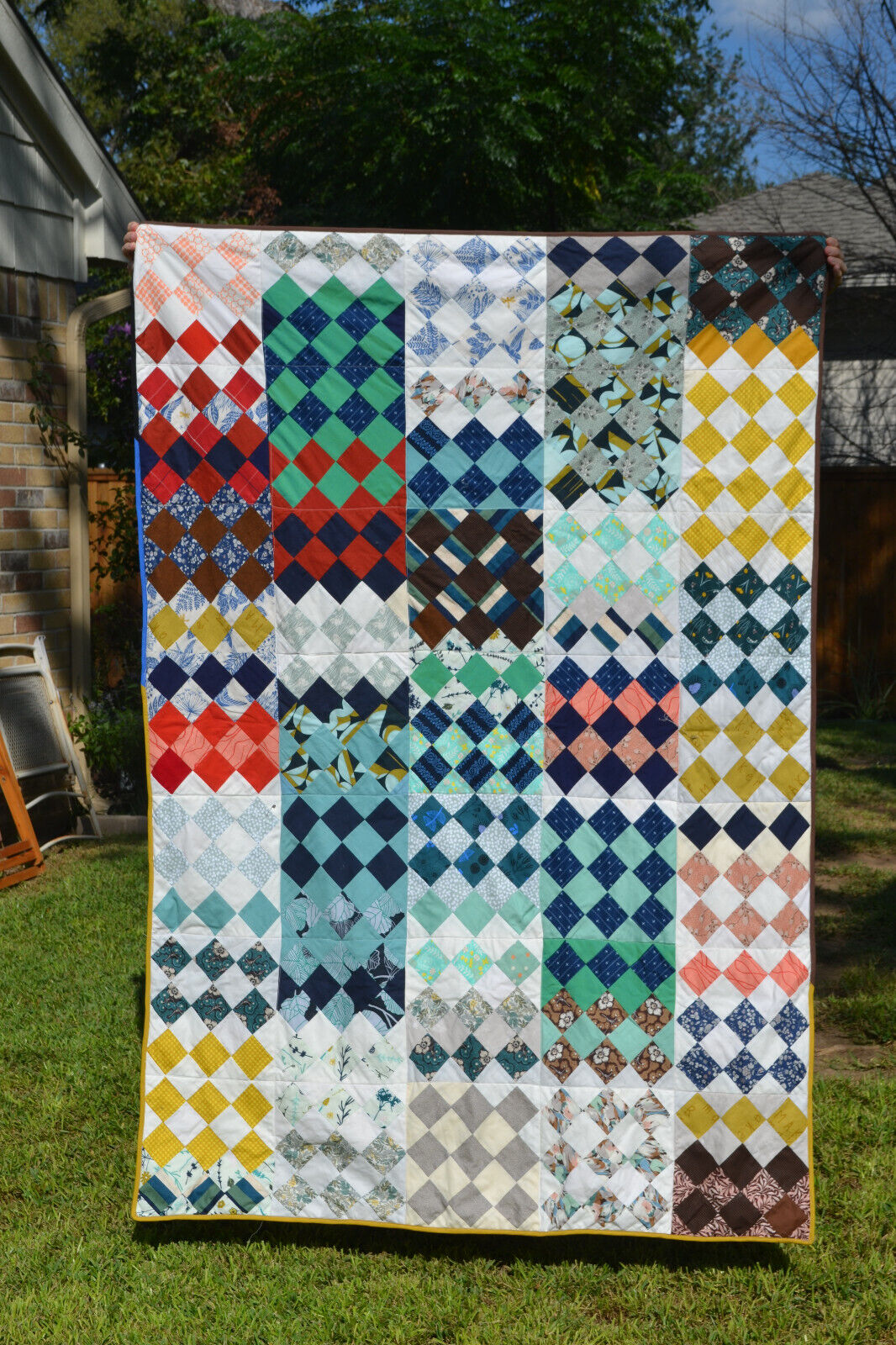 Traditional nine-patch on point quilt, modern designer quality fabrics