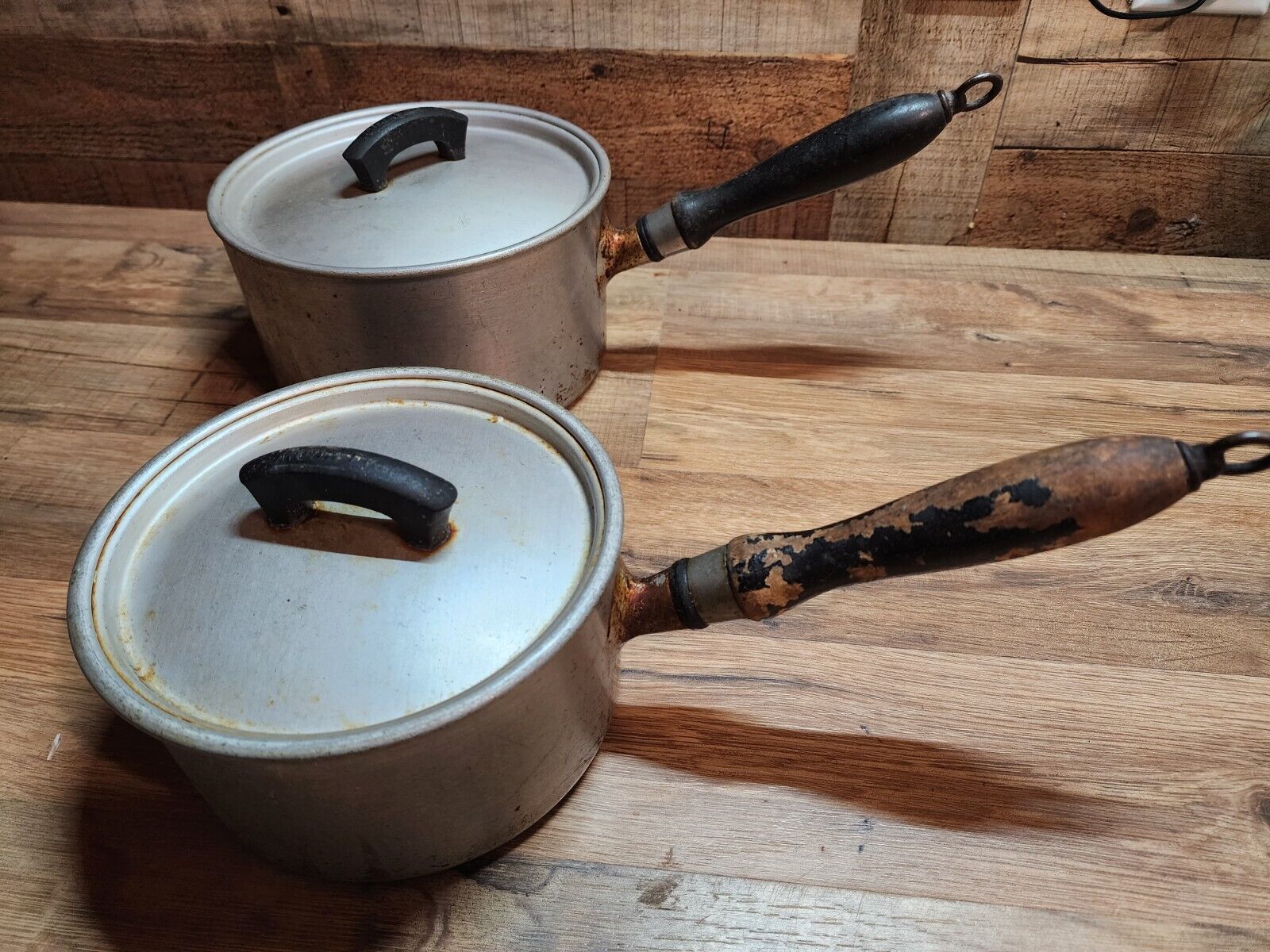 Vintage Wear Ever Aluminum Pot Saucepans 701 1/2, 702 1/2 With Lids Wood Handles