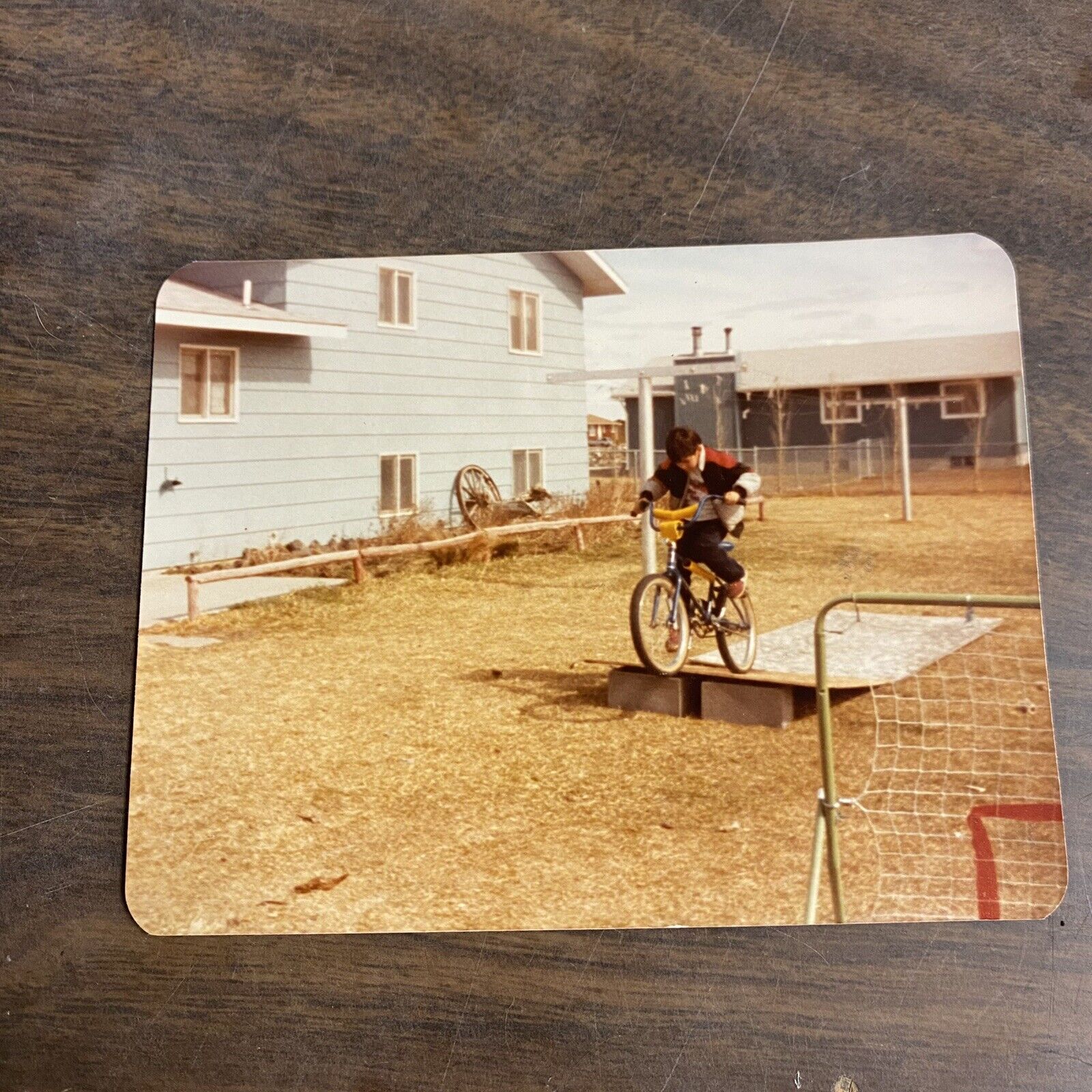 Vintage Snapshot Photo Boy Jumping Bike Off Backyard Ramp 