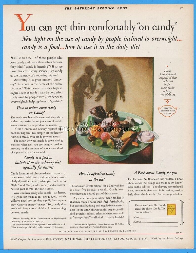 1928 National Confectioner Association Get Thin Comfortably Chocolate Candy Ad