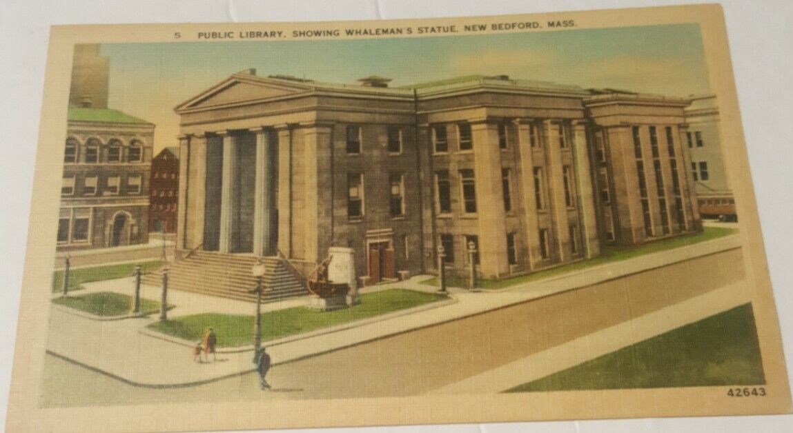 Vintage 1930s linen postcard Public Library & Whaleman statue New Bedford Mass