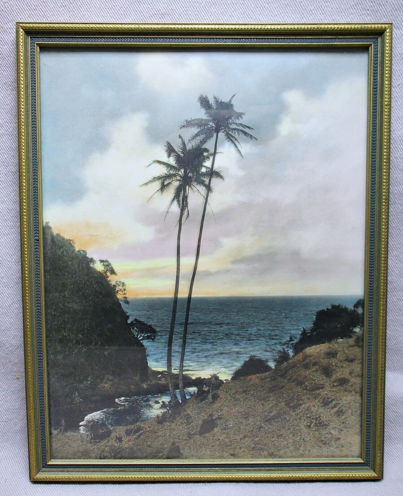 Vintage Hawaii Color Tinted Photograph Original Frame, Palm Trees Ocean Sunset