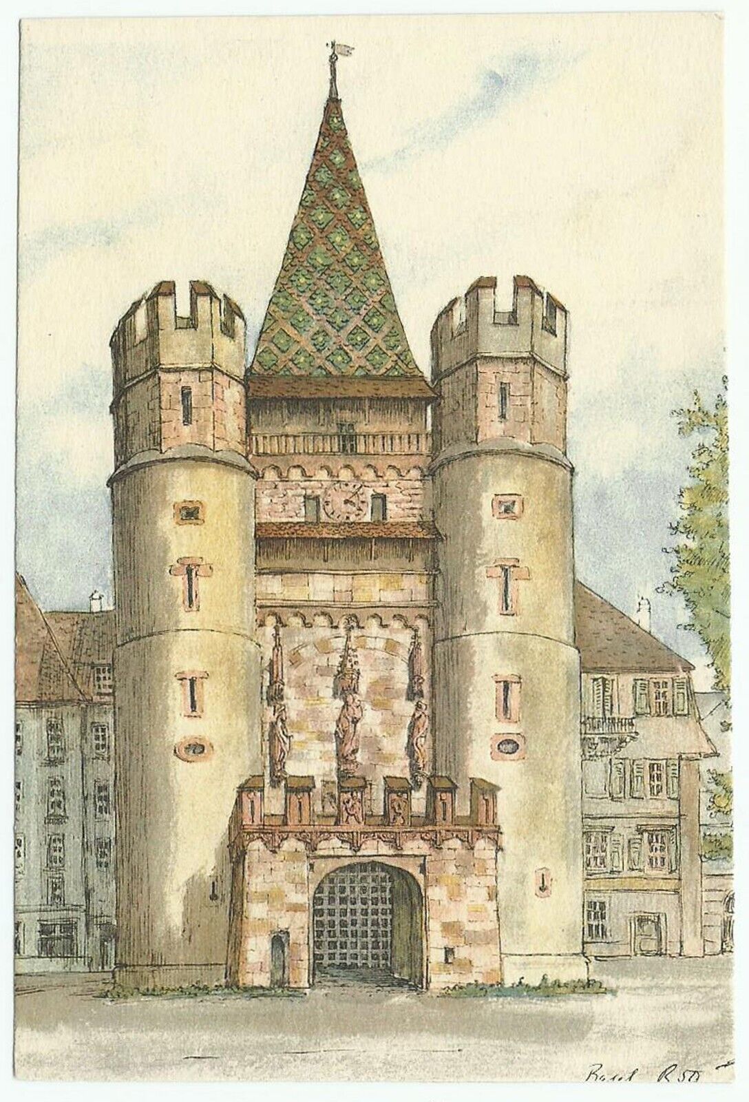 Swiss Historical Landmark Drawings, 2 Vintage Postcards, Gate of Spalen-Spittelt