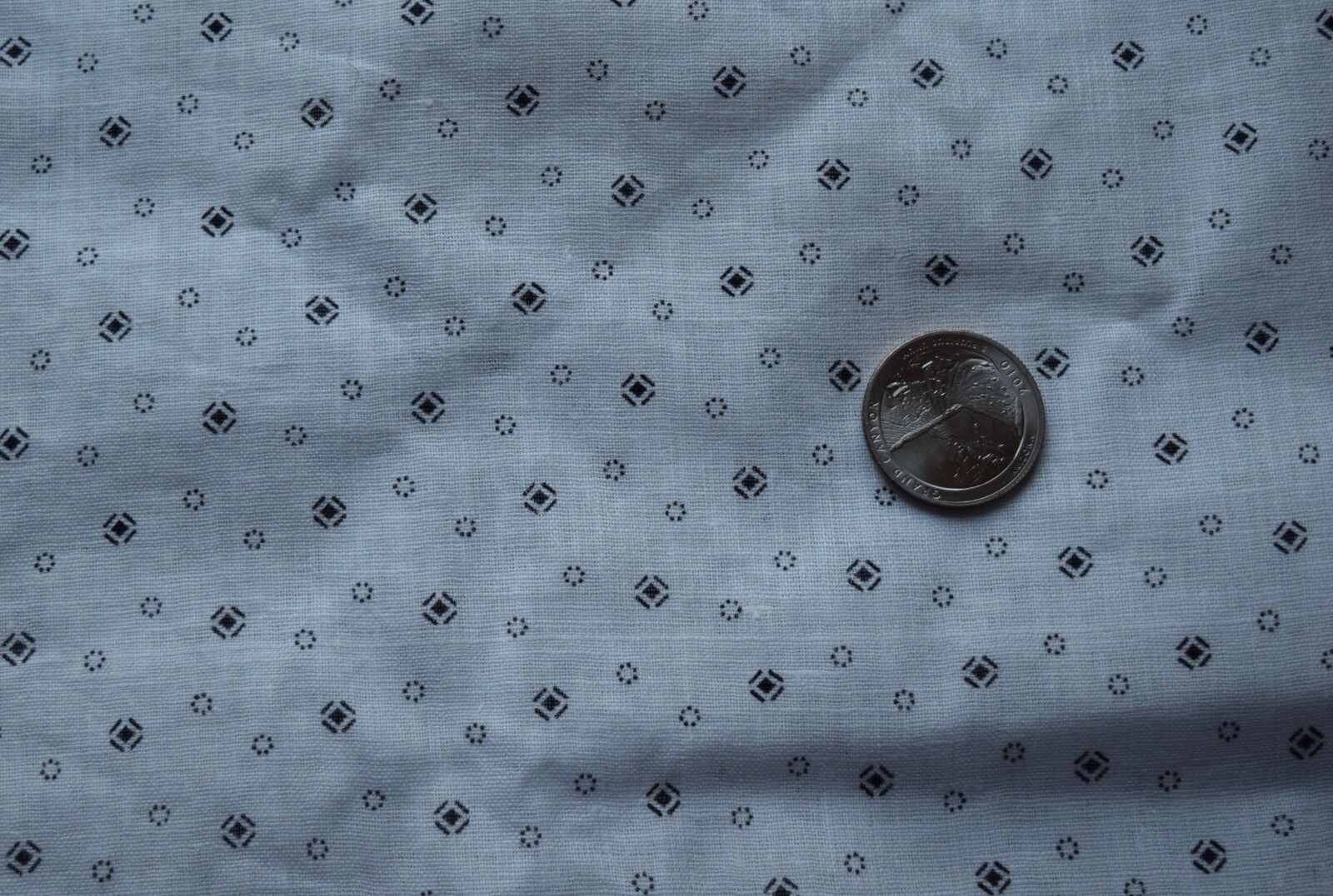 6954 1/2 yd antique 1880\'s cotton fabric, shirting, white with small black motif