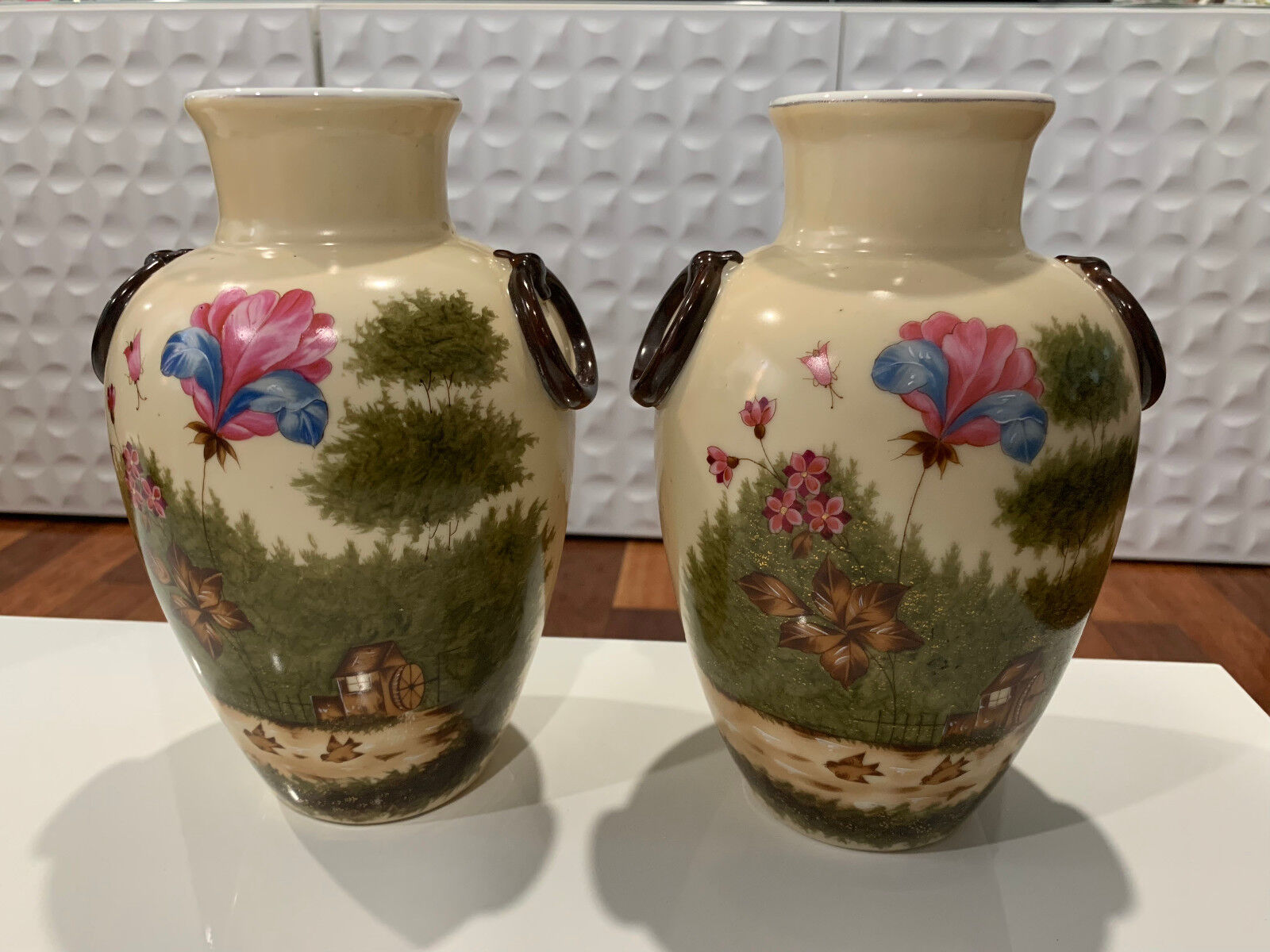 Vintage Antique English Pair of Ceramic Vases w/ Painted Flower & Landscape Dec.