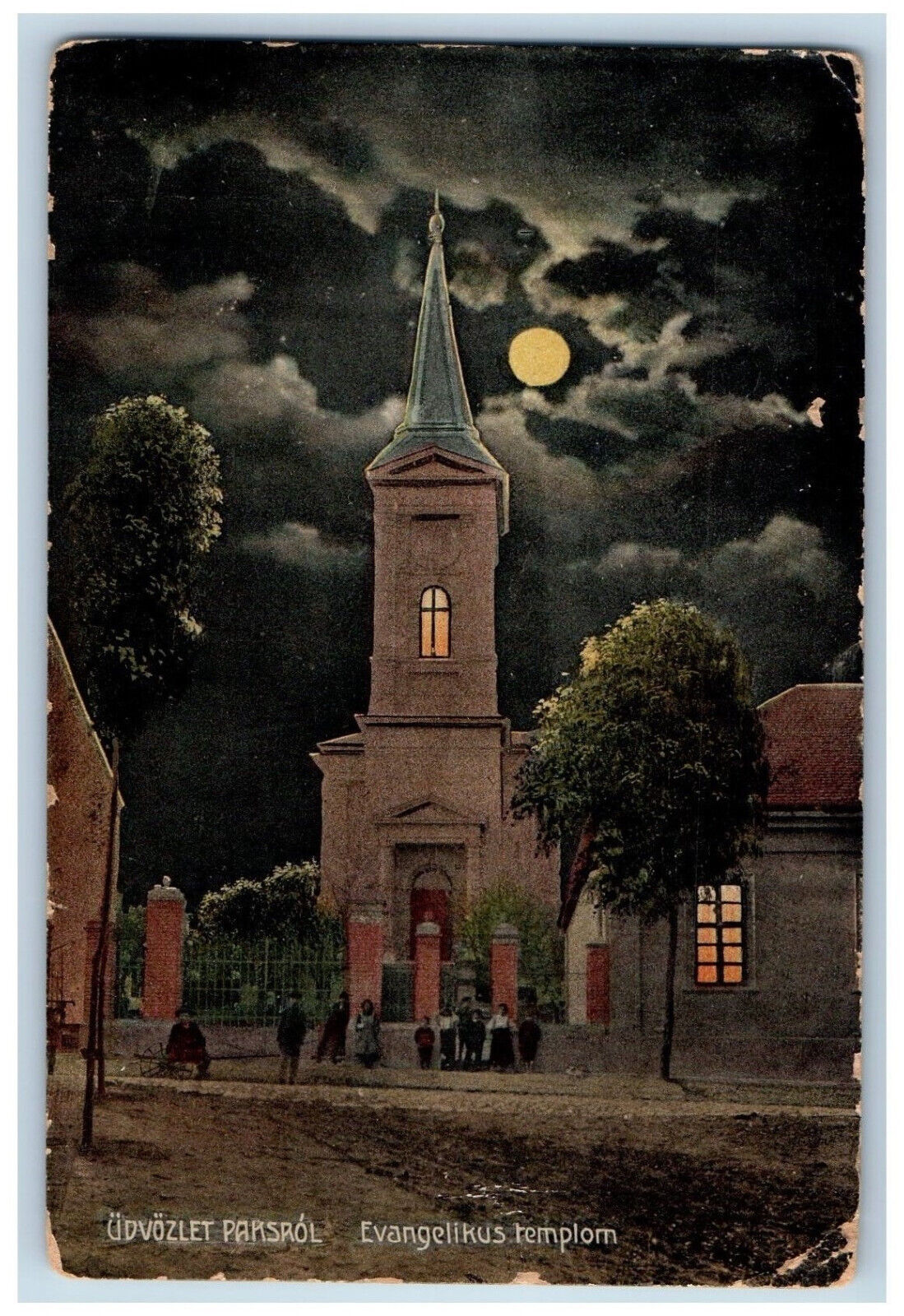 Hungary Postard Evangelical Church Night View Greeting from Paks 1914