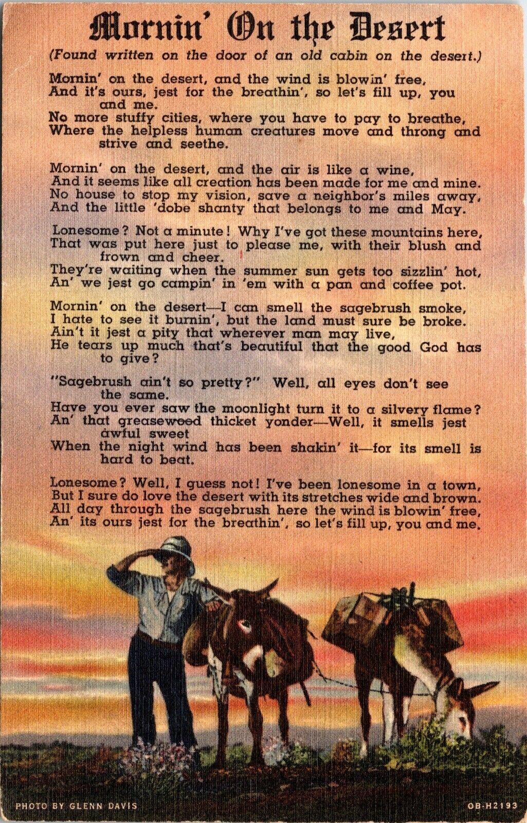 Cowboy Western Postcard Morning On The Desert Poem Glenn Davis 1940 PX