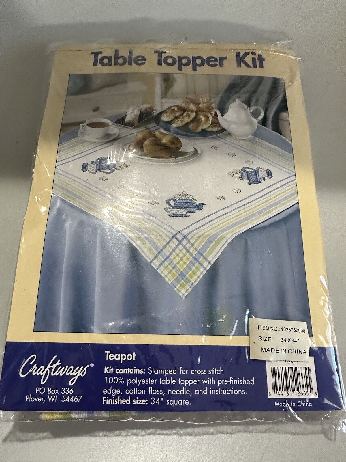 Craftways NEW NIP cross stitch TABLE TOPPER TEAPOTS BLUE YELLOW 34X34