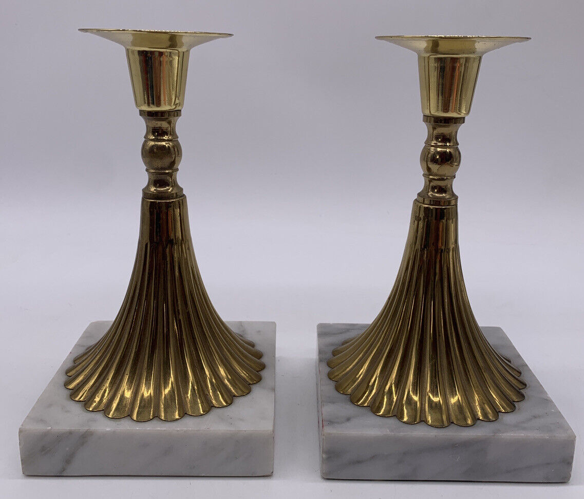 Pair Of Vintage Brass & Marble Candle Stick Holders Table Top Decor- Home Decor