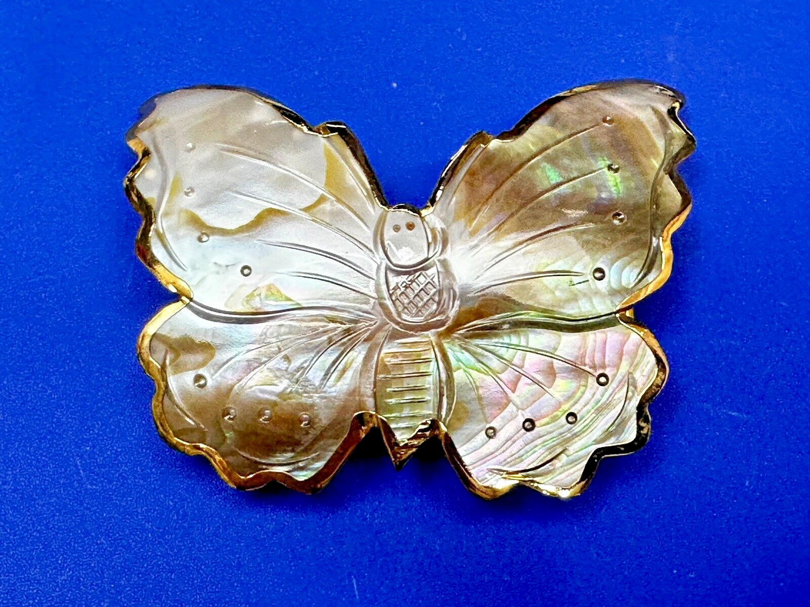 Vintage Butterfly Shaped MOP Mother of Pearl Cutout Gold tone Belt Buckle Slide