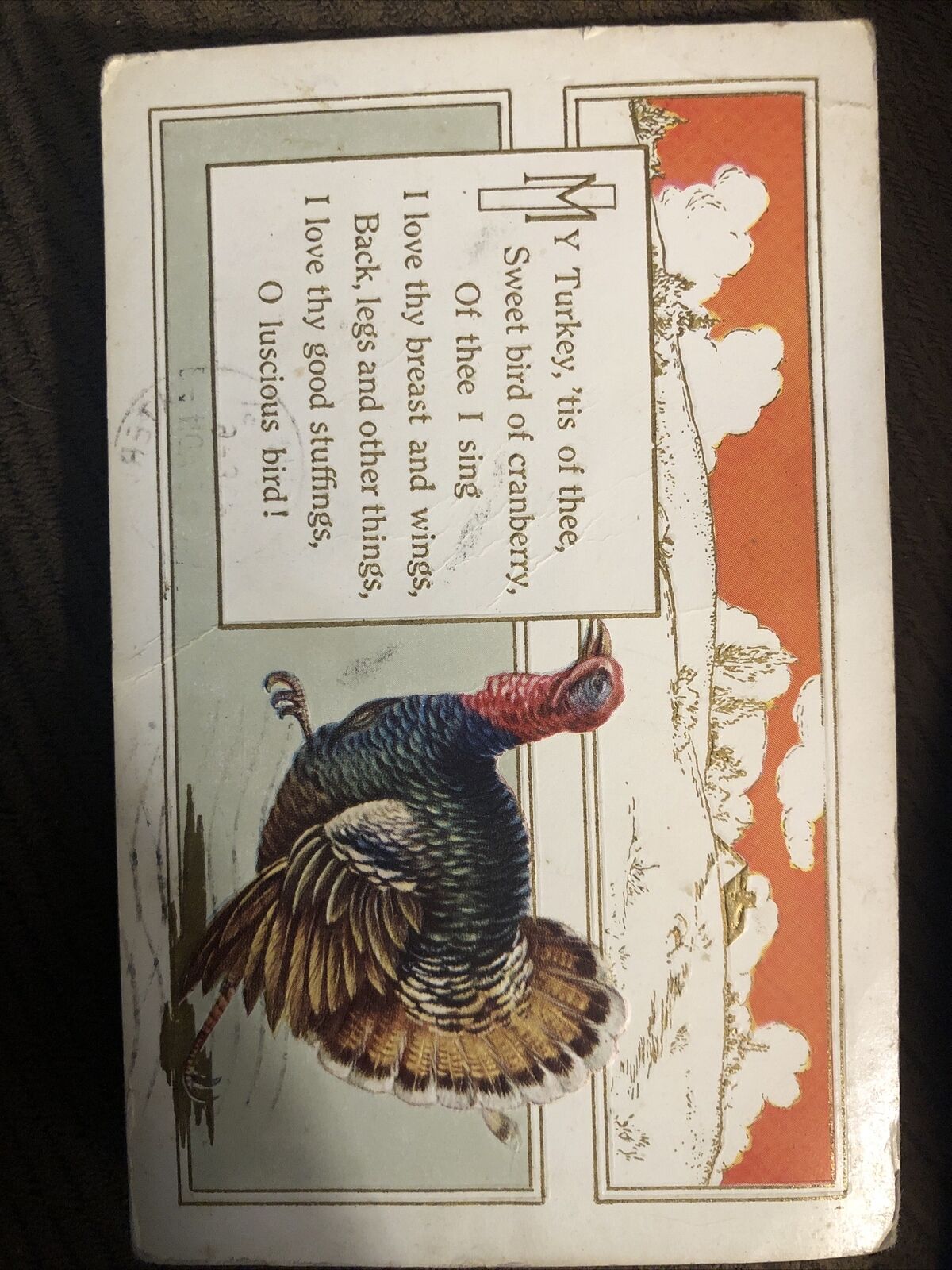 c1915 Postcard, Thanksgiving, My Turkey Tis Of Thee. Antique Vintage Embossed