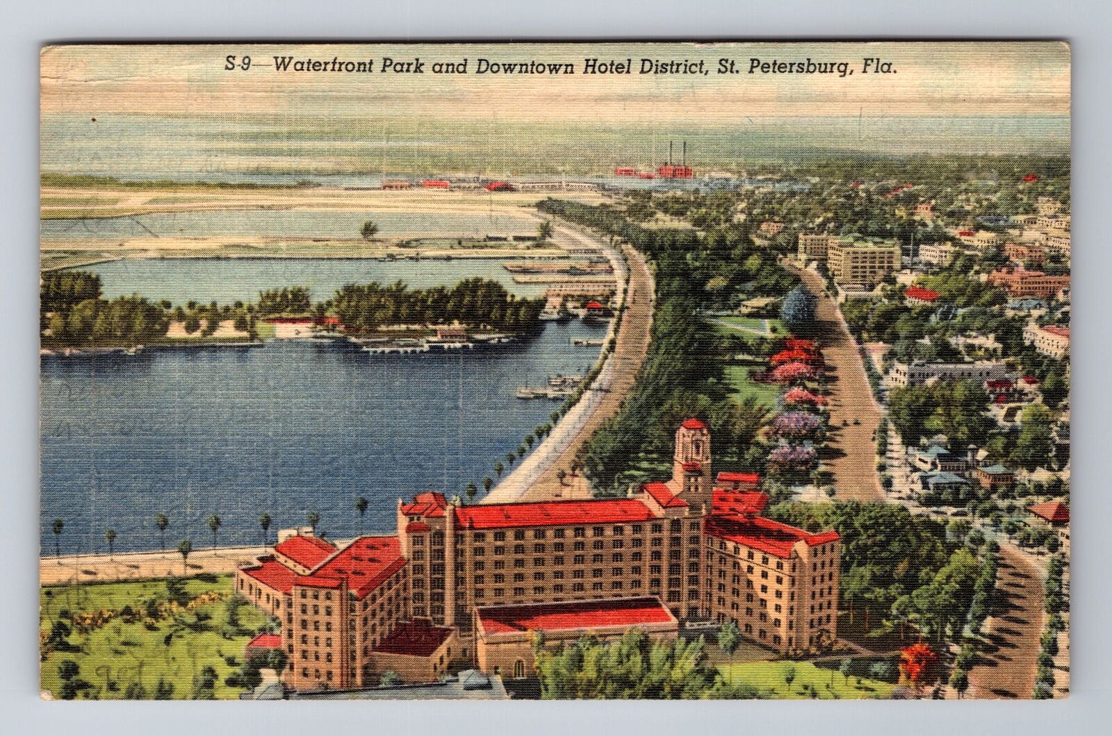 St. Petersburg FL-Florida, Aerial Waterfront Park, Hotel, Vintage c1948 Postcard