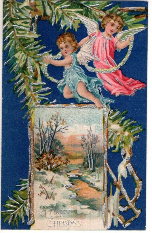 ANTIQUE CHRISTMAS Postcard   (RAPHAEL TUCK)    SILVER ACCENT - TWO CHERUBS, PINE