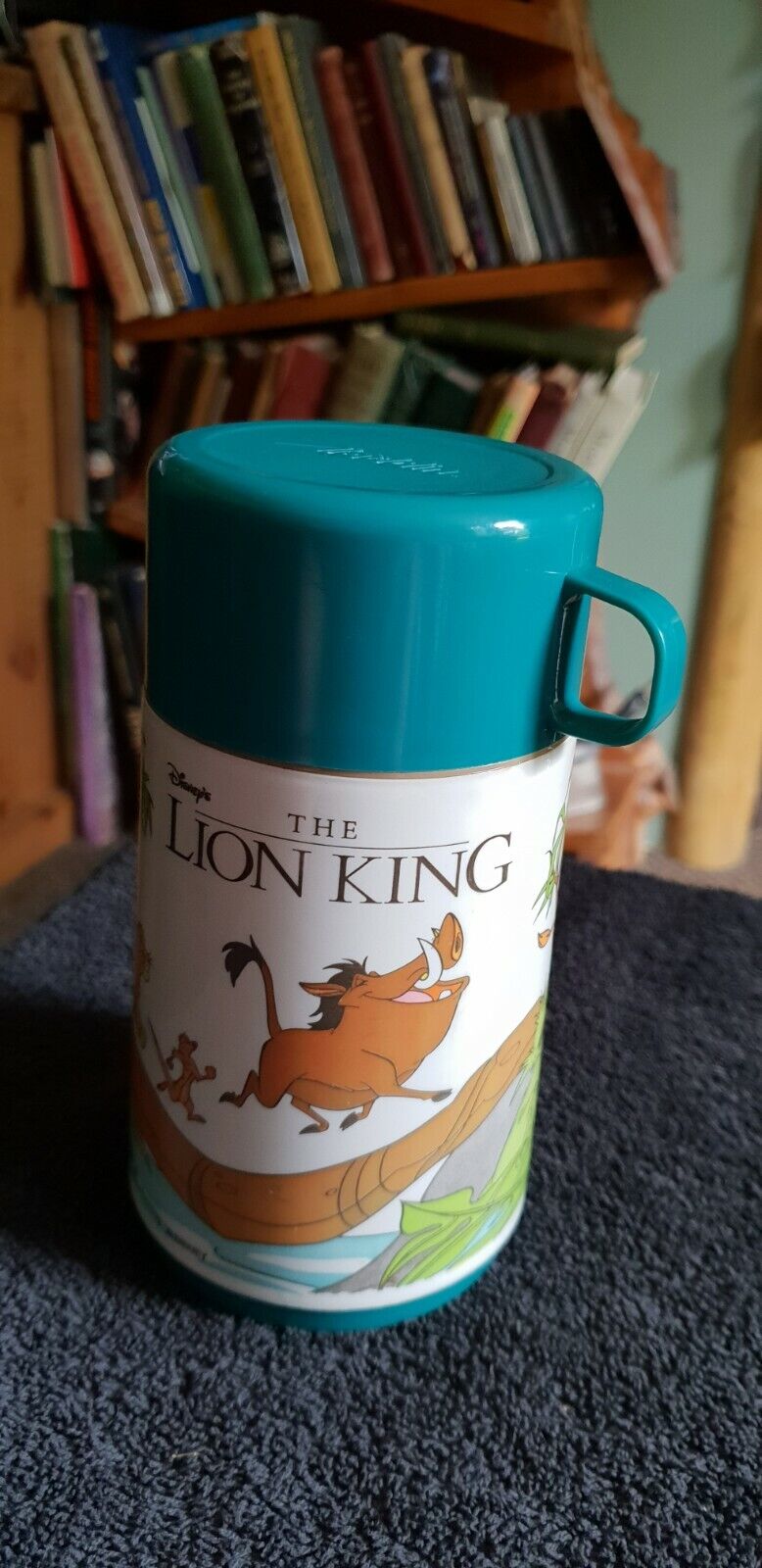 Vintage Aladdin Disney The Lion King Lunch Box Thermos Green Top Brown Cap 7\