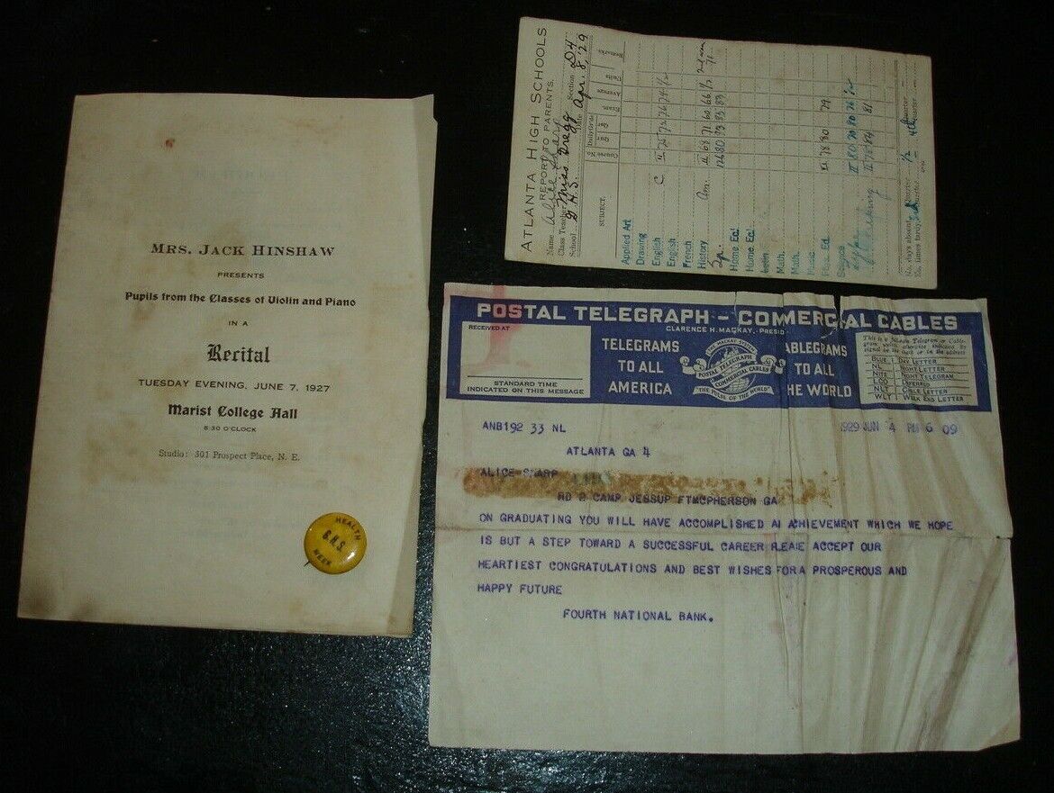 old 1927 Marist College Recital program + GHS report card Atlanta Ga Alice Sharp