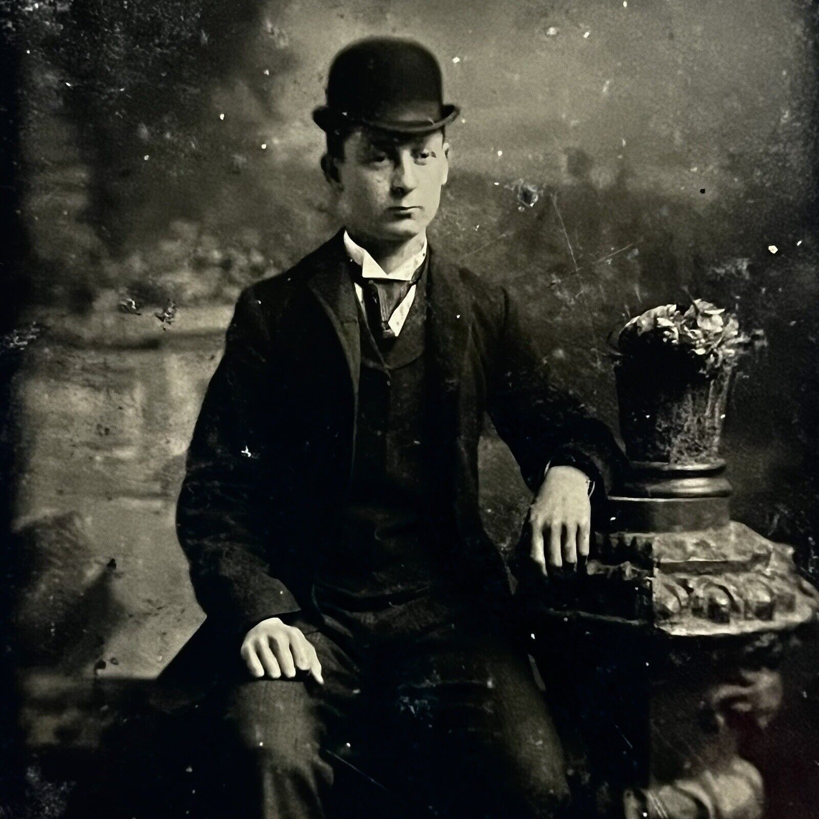 Antique Tintype Studio Photograph Handsome Dapper Young Man Bowler Hat