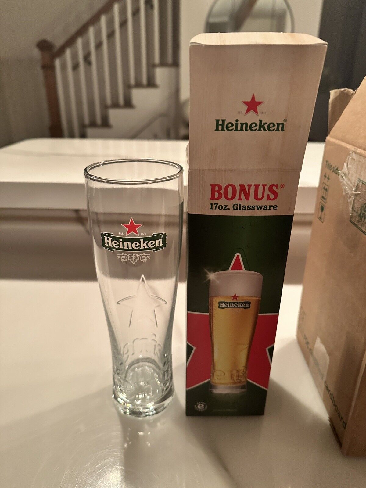 Set of 6 Heineken Red Star Embossed Beer Glass 9” Tall 50 CL 17 Oz