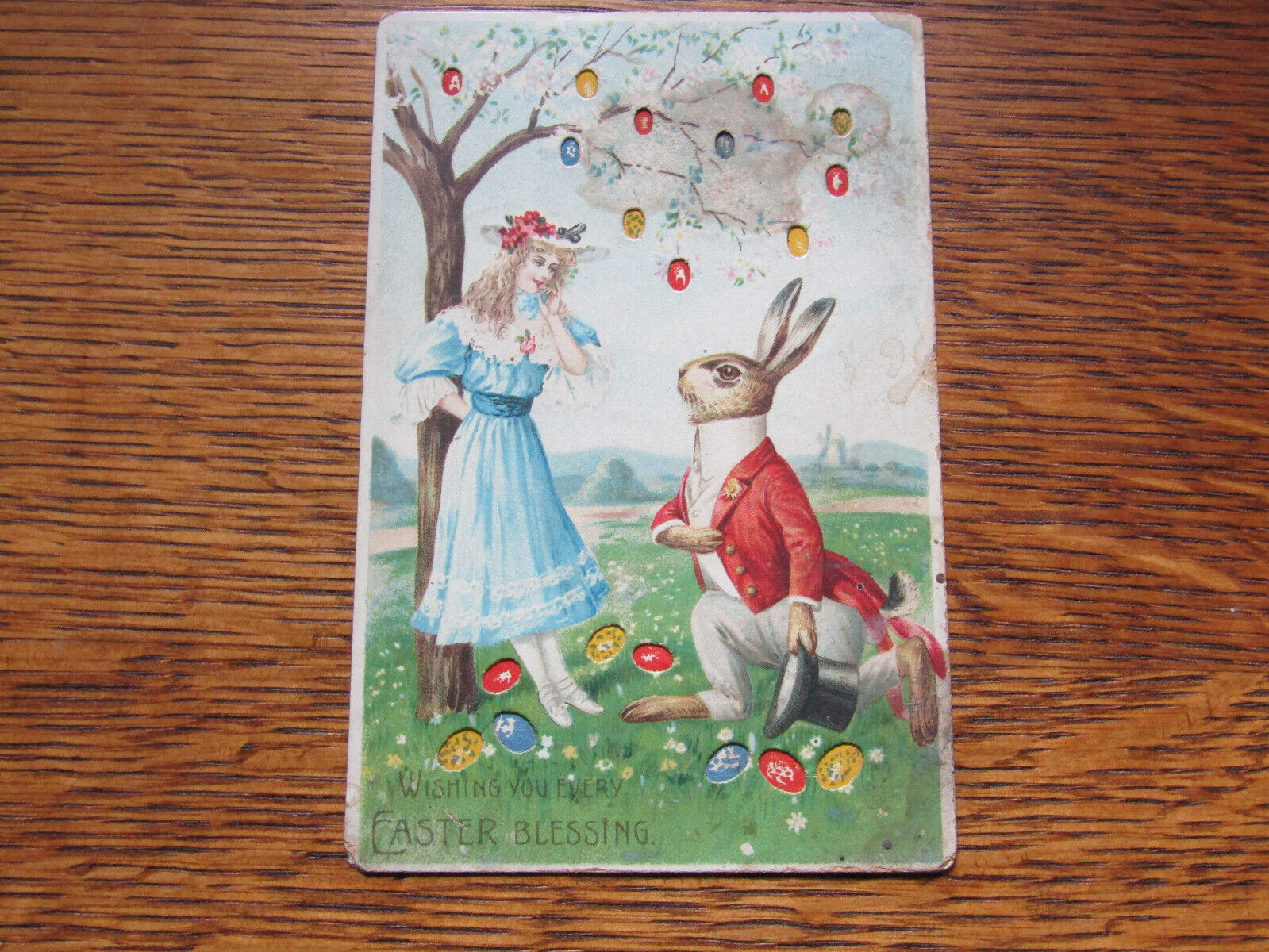 RARE Antique HTL Anthropomorphic Germany Easter * RABBIT with LADY *PC1909