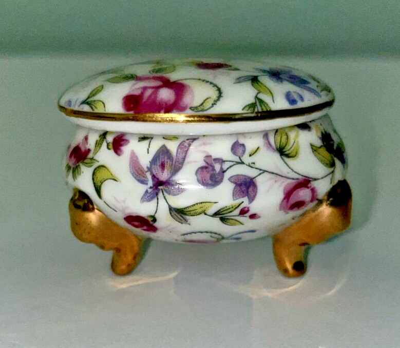 Vintage Porcelain Floral Oval Trinket Box Gold Trim with Lid Lefton (Japan)