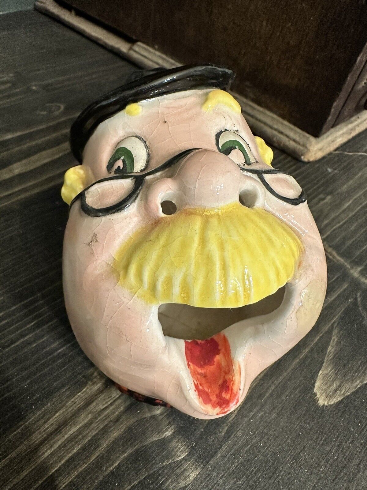 Vintage Shafford Ashtray Old Man Head Yellow Mustache Open Mouth Japan