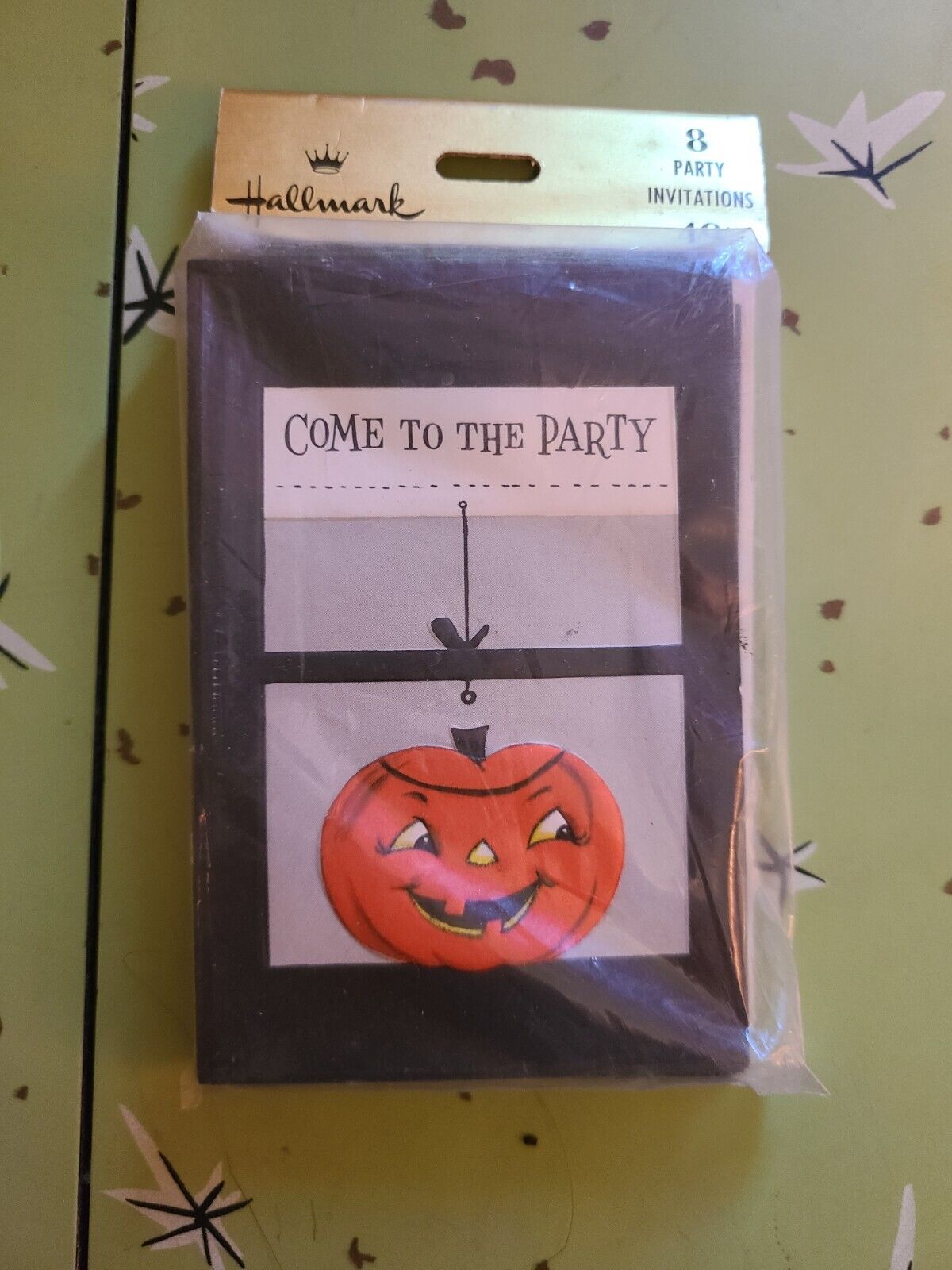 NOS Vint HALLMARK Halloween Set/8 Paper Party Invitations Embossed JOL Pumpkin