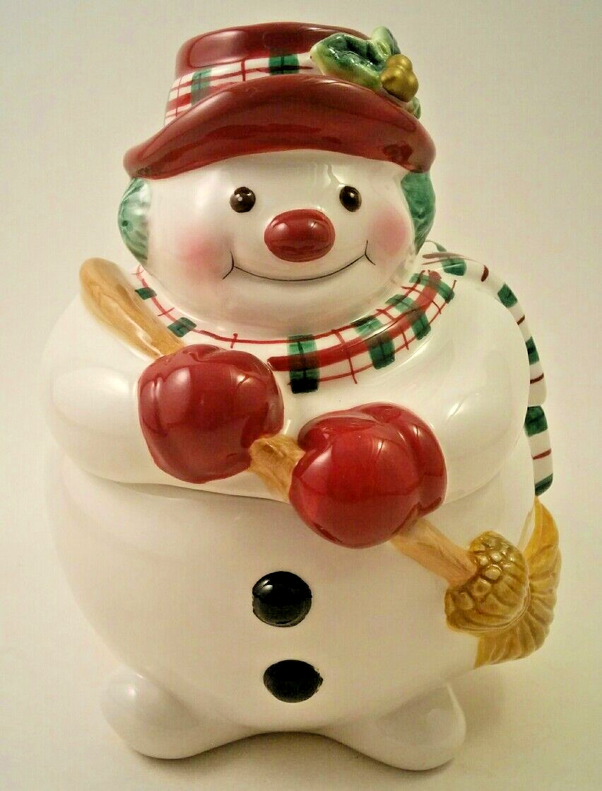 Fitz and Floyd Plaid Christmas Snowman Covered Candy Jar With Box