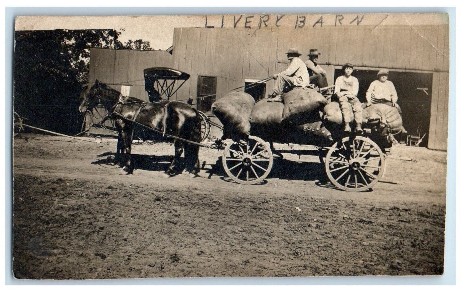 c1910's Livery Barn Horses Wagon Burmingham Iowa IA RPPC Photo Antique Postcard