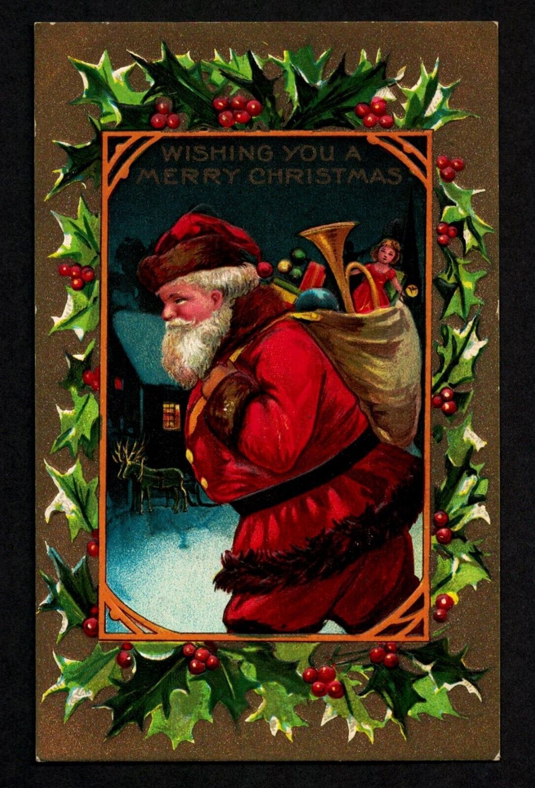 6002 Antique Vintage Christmas Postcard Santa Reindeer Bag Toys Trumpet Holly