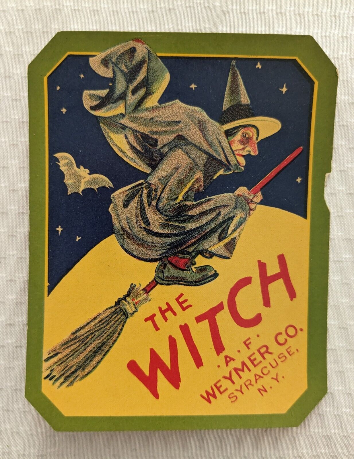 Vintage Halloween Label THE WITCH Brand, Original, 1920\'s, Broom Handle