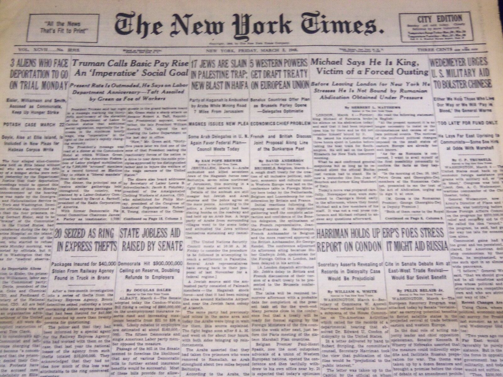 1948 MARCH 5 NEW YORK TIMES - HAGANAH AMBUSHED BY ARABS - NT 3525