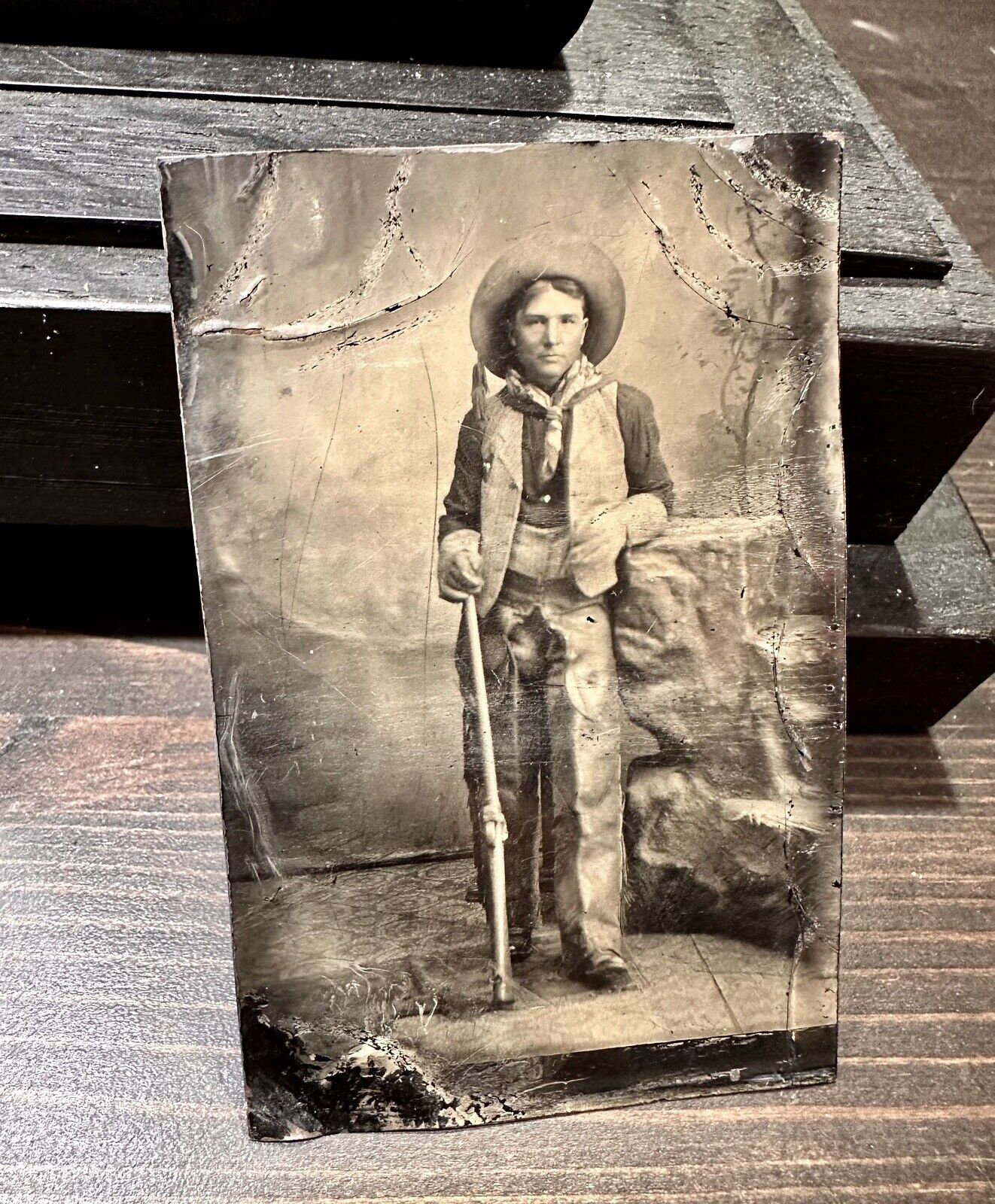 Antique Tintype Armed Cowboy Chaps Gloves & Holding Rifle - Native American ??