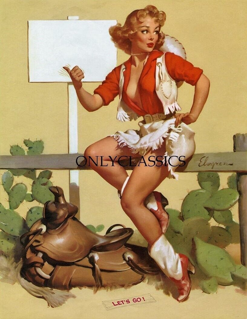 1957 Rare Gil Elvgren Brown & Bigelow Pin-Up Print Buxom Cowgirl In Let's Go