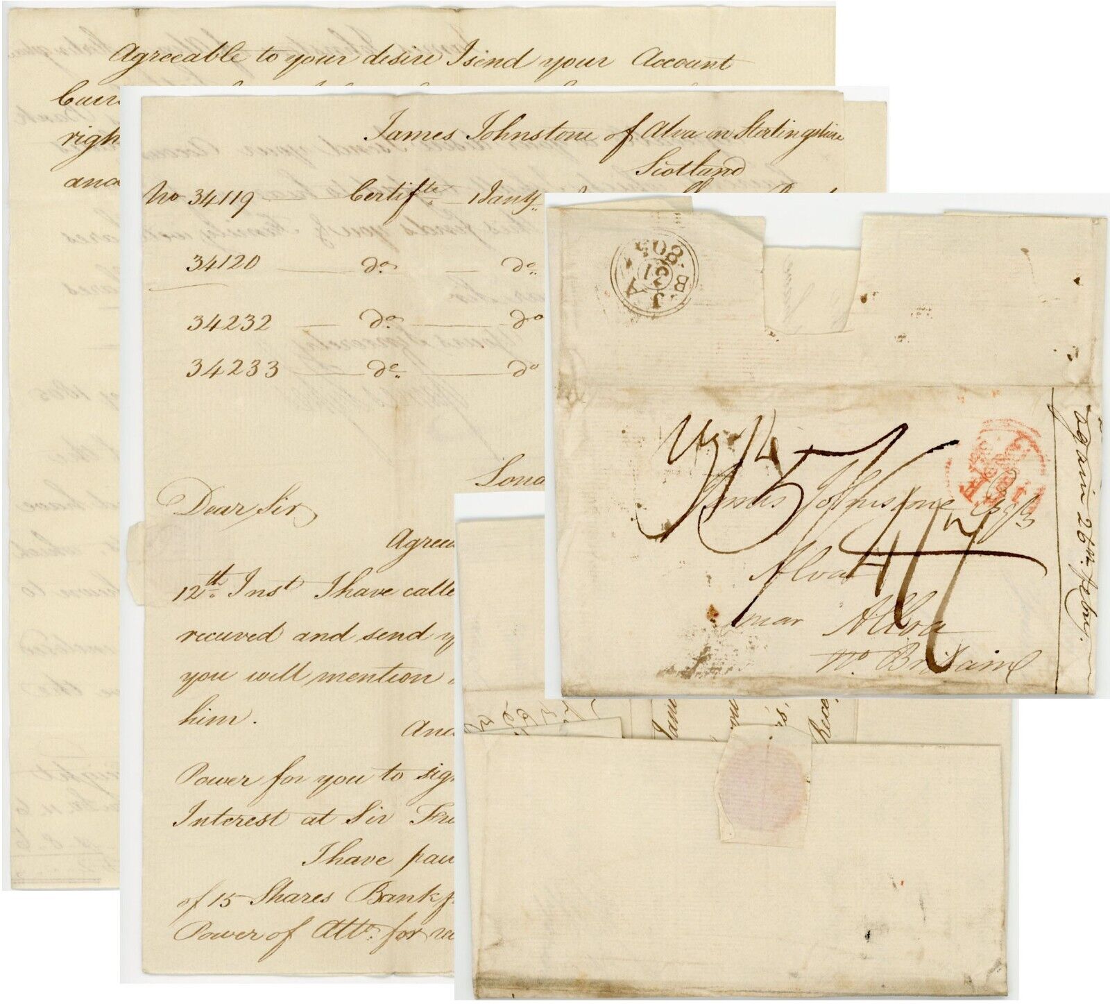 1805 LETTER to JAMES JOHNSTONE ALLOA re BANK OF UNITED STATES SHARES + INTEREST