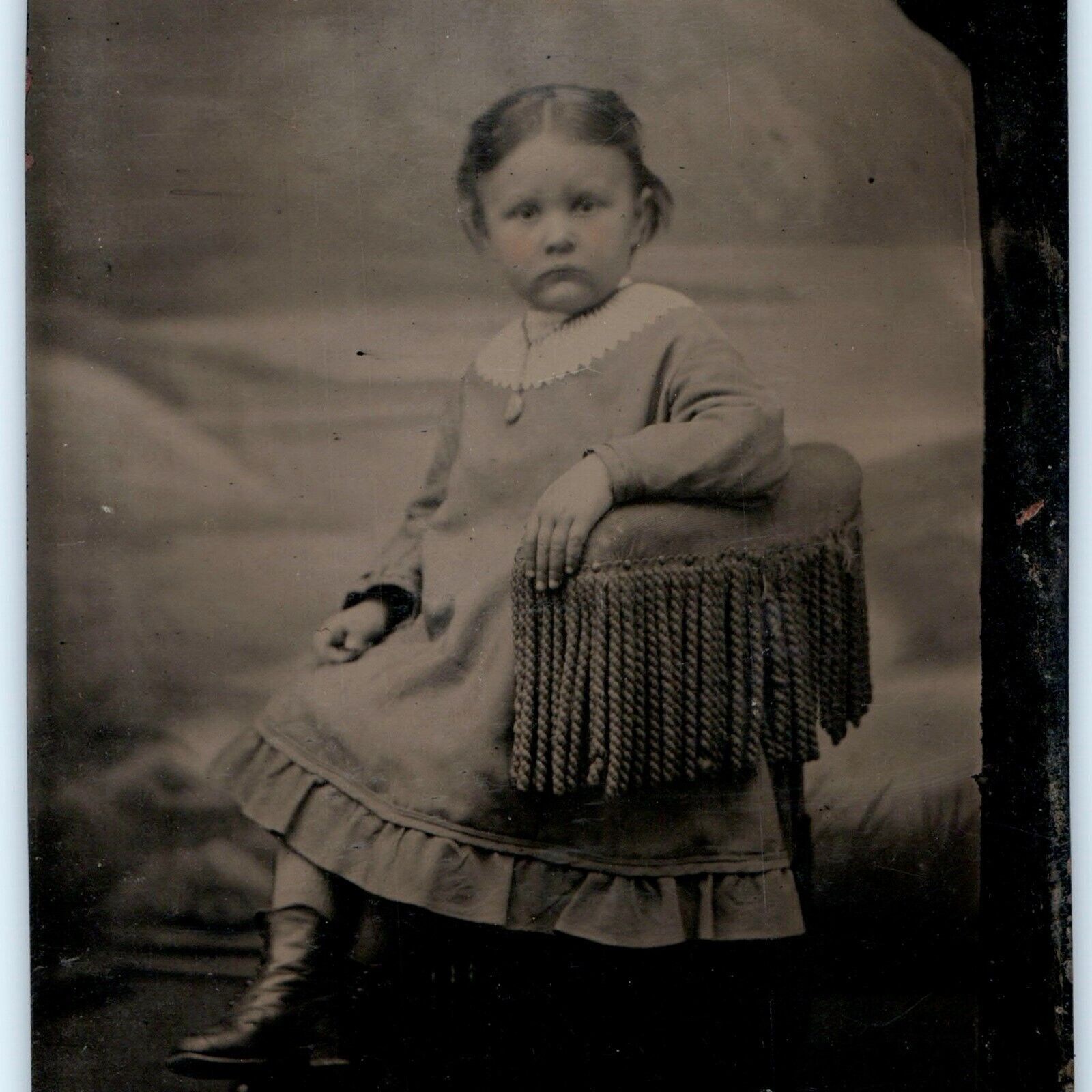 c1860s Cute Little Girl Serious Mature Young Lady Tintype Real Photo Hand IA H40