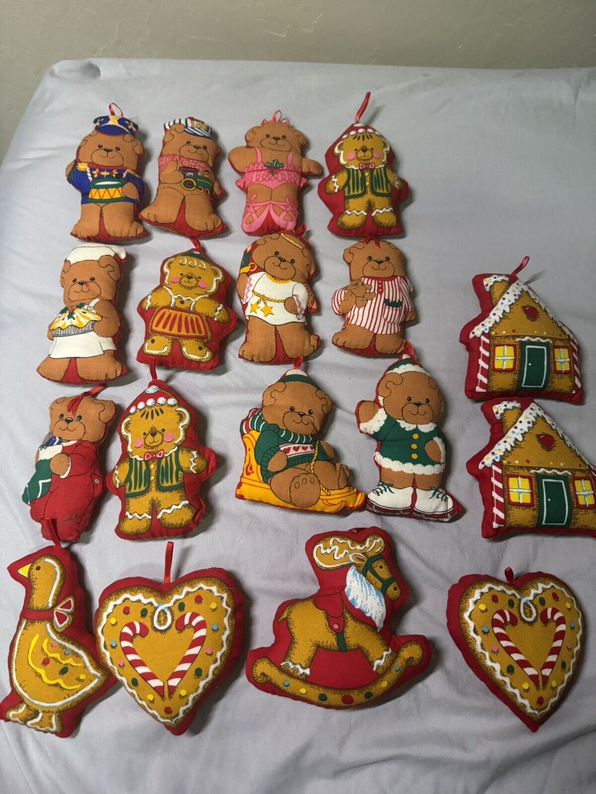 Vintage Lot of 18 Handmade Fabric Christmas Ornaments Stuffed Bears, Gingerbread
