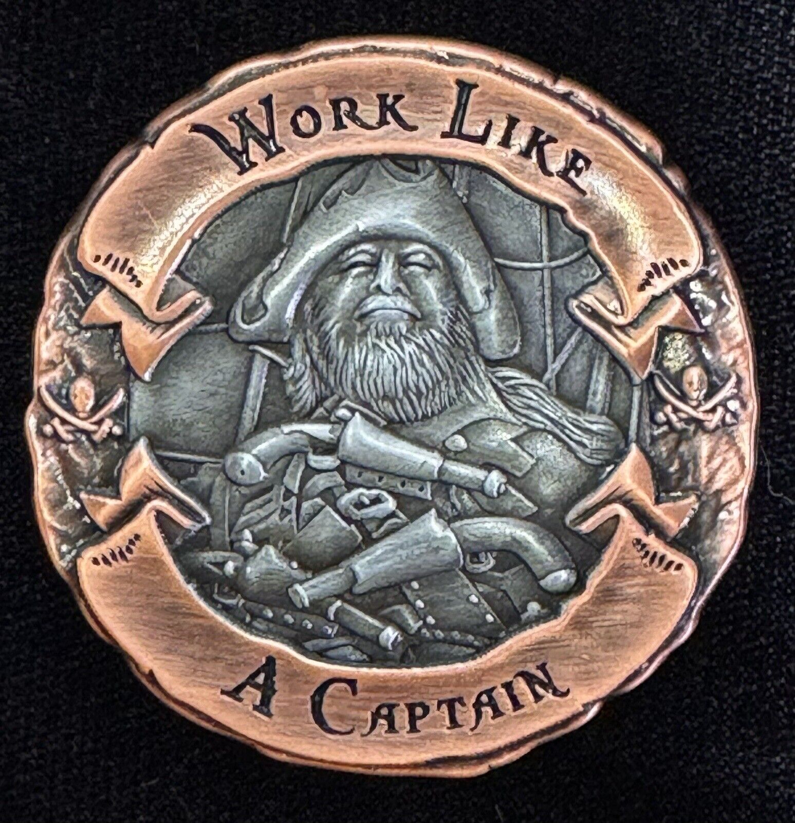 Work Like A Captain, Play Like A Pirate EDC challenge coin, 1.75” Treasure