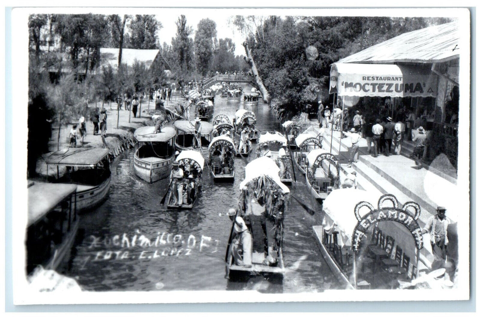 c1950's Boat Scene Restaurant Moctezuma Xochimilco Mexico RPPC Photo Postcard