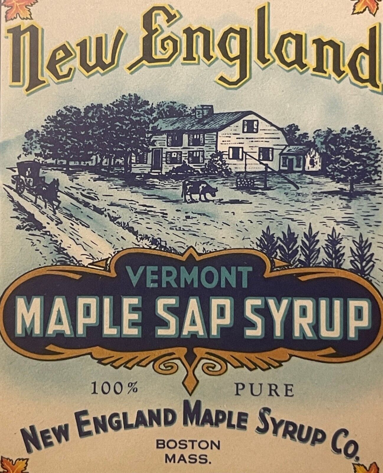 Rare Antique 1910s Large New England Vermont Maple Syrup Label, Boston, MA
