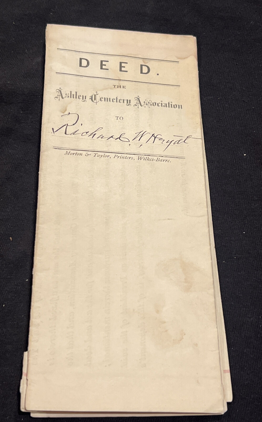 Antique Legal Deed Deed Ashley Cemetery Association 1892 Oddity  FD12