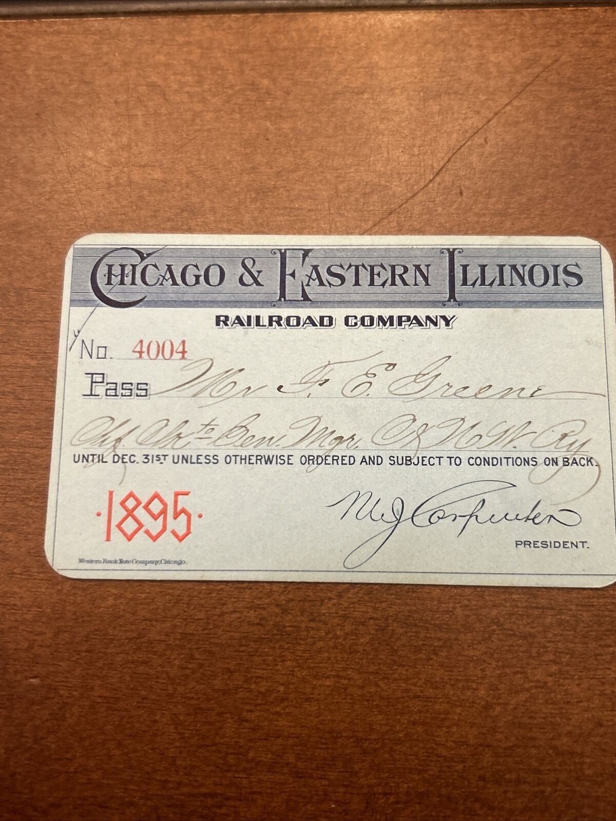 Rare 1895 Chicago & Eastern Illinois Railroad Pass Railway RR Train