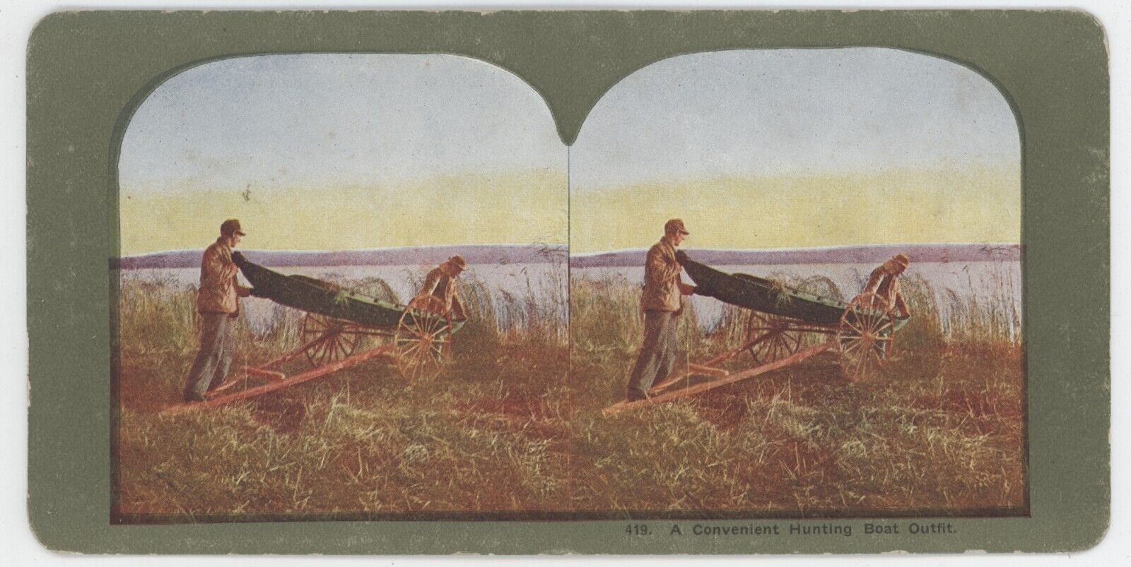 c1900's Colorized Stereoview A Convenient Hunting Boat Outfit. Men With a Canoe