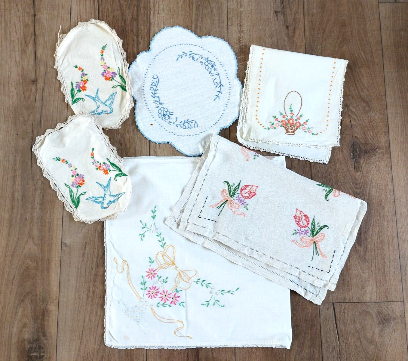 Vintage Hand Embroidered Floral Flower Textiles Linens Assorted Misc Lot of 6
