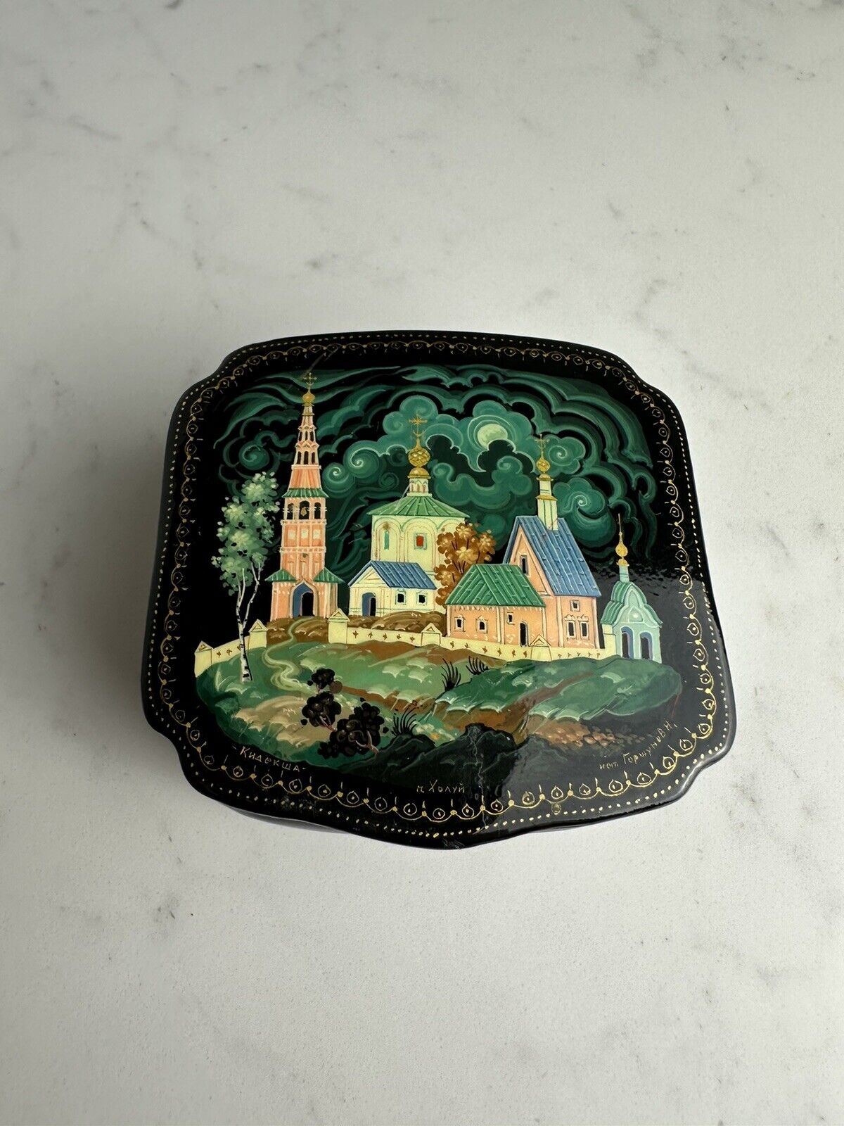 Russian Lacquer Box Trinket Box USSR Made Artist Signed Village Nighttime VTG