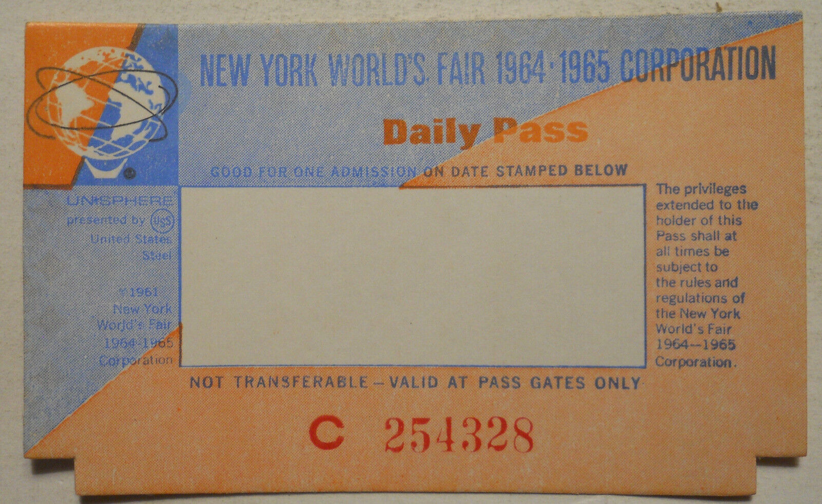 Unused 1964-1965 New York World's Fair Daily Pass